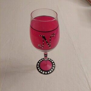 Novelty Pink And Black Hand Painted Personalized "N" Initial Red Wine Glass